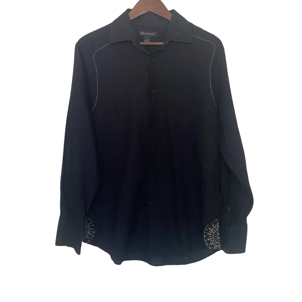 INC International Concepts Mens Button Down Shirt M Black Linen Cotton Western